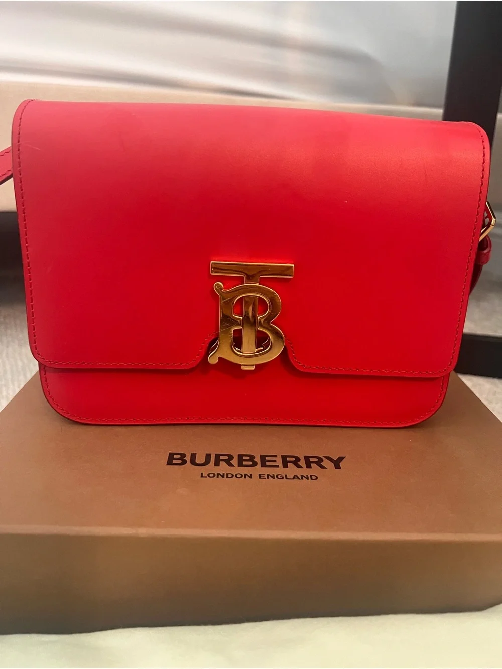 Burberry Red Leather TB Crossbody Bag with Gold Hardware